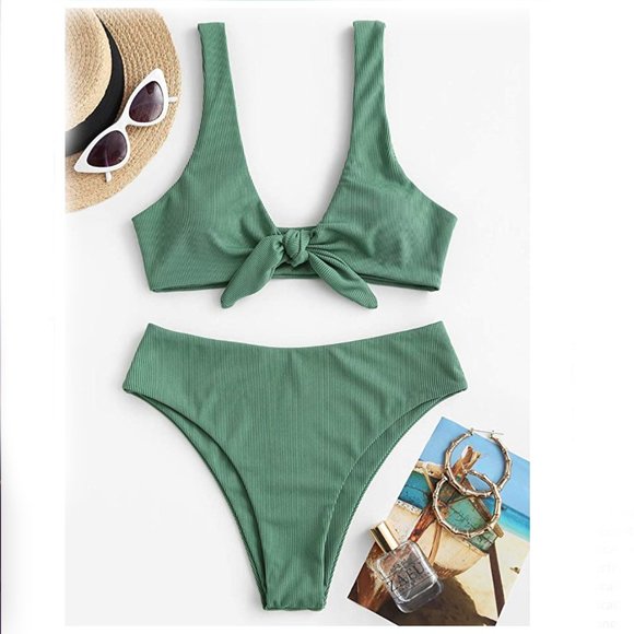 Zaful Other - ZAFUL Women's Ribbed Tie Front Knot Bikini High Waisted Bikini